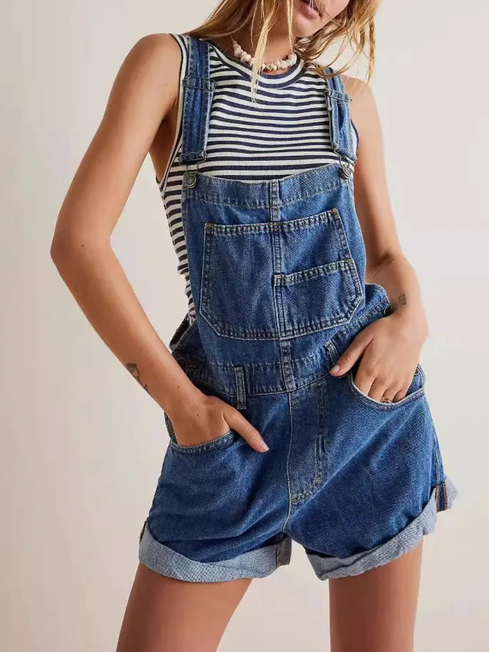 Daverri wide strap square neck denim shortalls with rolled cuffs and pockets