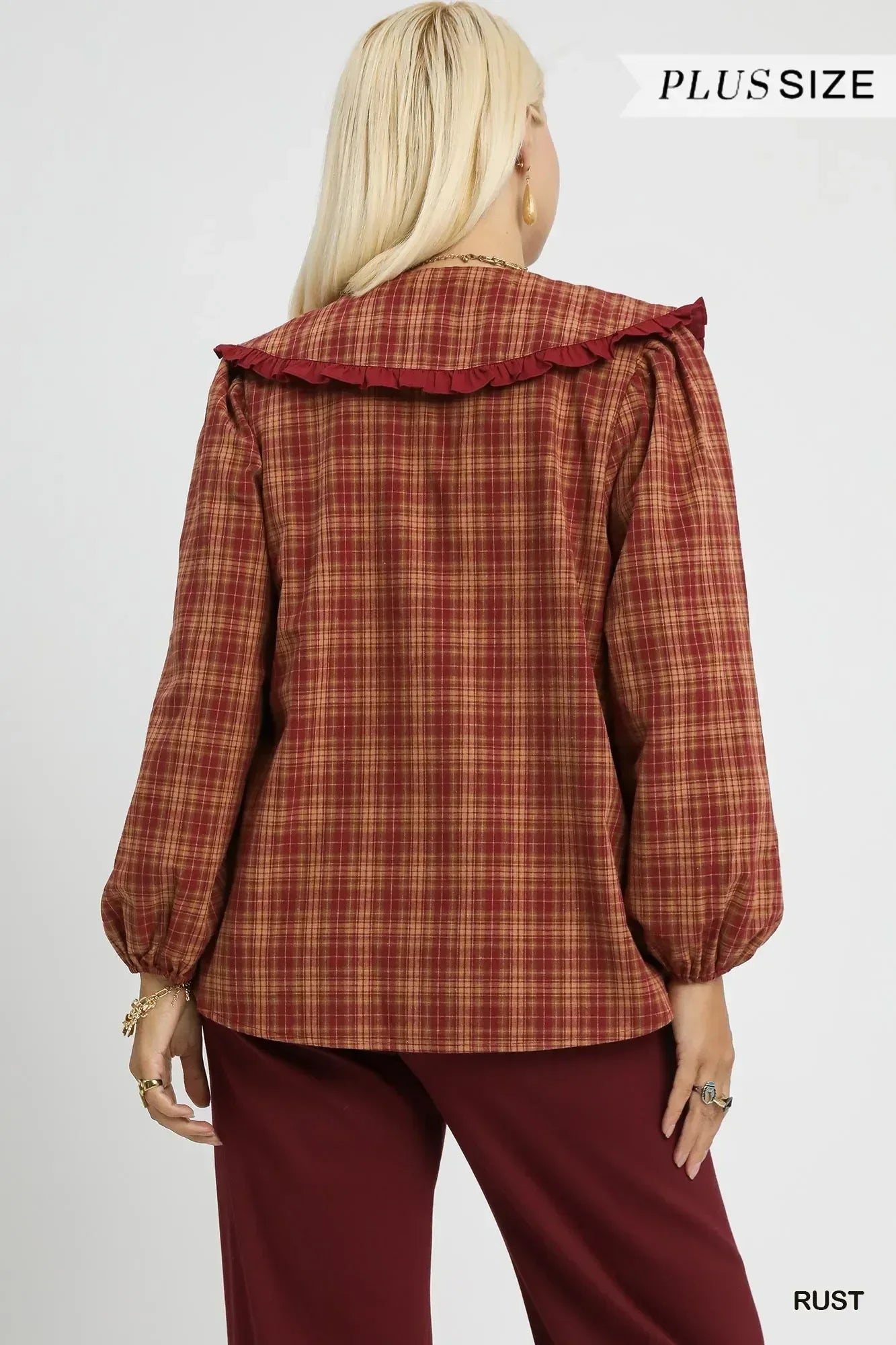 Umgee Full Size Plaid Ruffle Collar Blouse Plus Size - DAVERRI FASHIONS