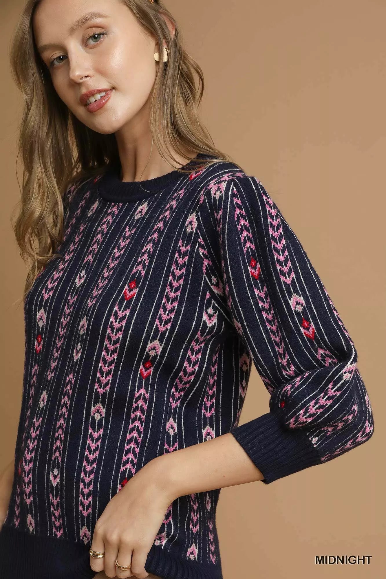 Umgee Jacquard Knit Puff Sleeve Sweater | Sweaters Daverri Fashions