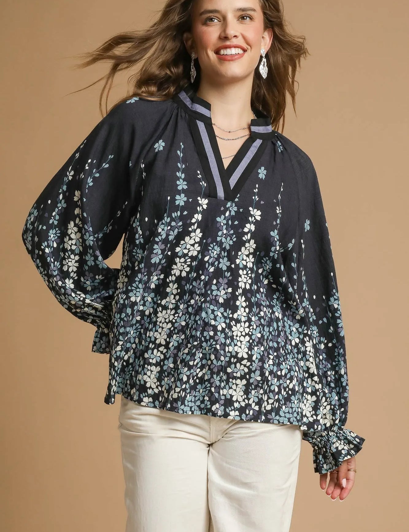 Black Umgee Floral Vine Print Blouse with Balloon Sleeves Plus Size Black | Blouses Daverri Fashions