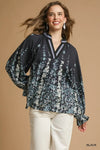 Umgee Floral Vine Print Blouse with Balloon Sleeves Plus Size Black - DAVERRI FASHIONS