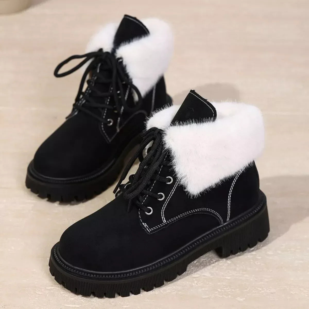 Lace Up Round Toe Block Heels Boots - DAVERRI FASHIONS