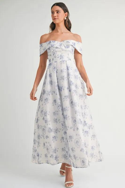 MABLE Floral Printed Off Shoulder Maxi Dress