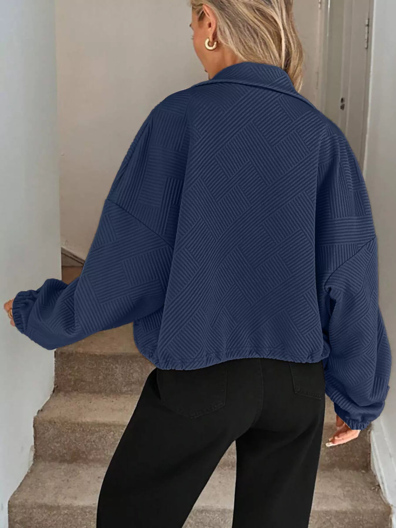 Drawstring Hem Textured Long Sleeve Jacket | Jackets Daverri Fashions