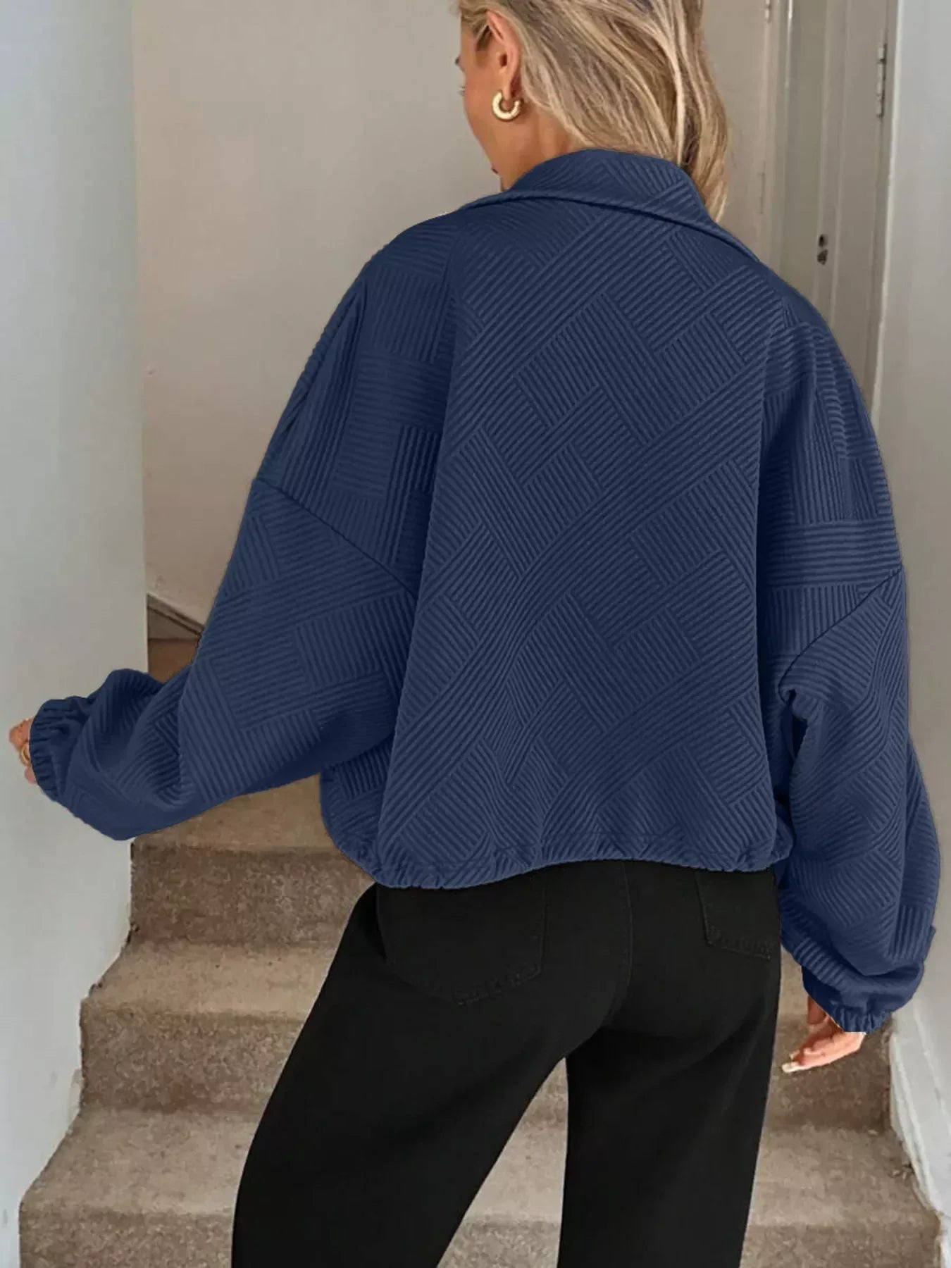 Drawstring Hem Textured Long Sleeve Jacket - DAVERRI FASHIONS