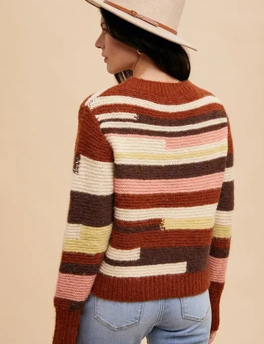 Annie Wear multicolored striped patchwork sweater in earthy tones