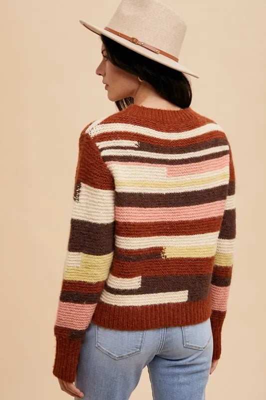 Annie Wear multicolored striped patchwork sweater in earthy tones