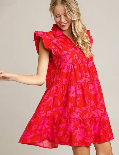 Umgee Full Size Floral Print Ruffle Cap Sleeve Tiered Dress Plus Size Red