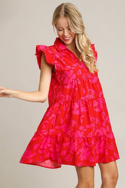 Umgee Full Size Floral Print Ruffle Cap Sleeve Tiered Dress Plus Size Red