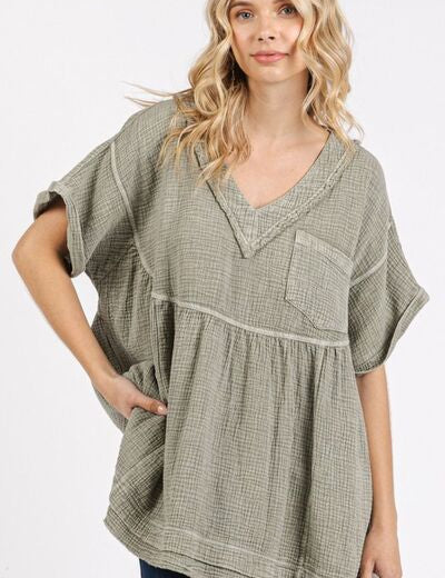 Mittoshop Mineral Wash Gauze Babydoll V-Neck Oversized Blouse Lt Olive