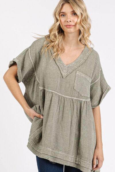 Mittoshop Mineral Wash Gauze Babydoll V-Neck Oversized Blouse Lt Olive