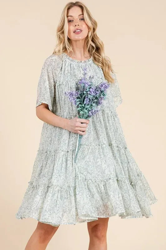 Lime 'N' Chili Ditsy Floral Print Sheer Ruffle Detail Mini Dress - DAVERRI FASHIONS