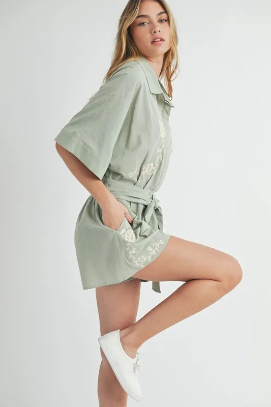 MABLE Embroidered Button Down Collared Neck Romper Rompers