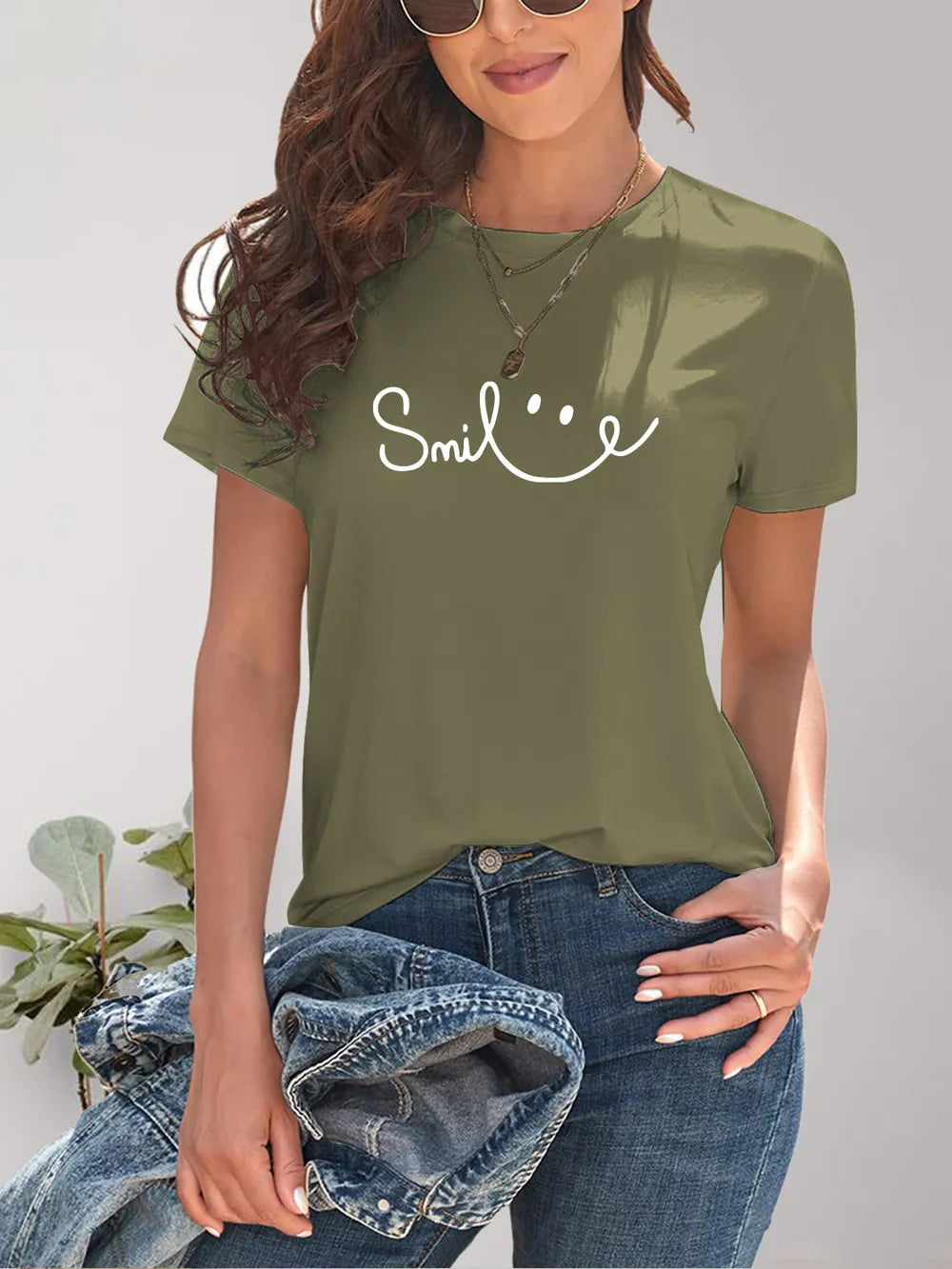 Olive green smiley face SMILE round neck short sleeve t-shirt