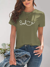 Olive green smiley face SMILE round neck short sleeve t-shirt