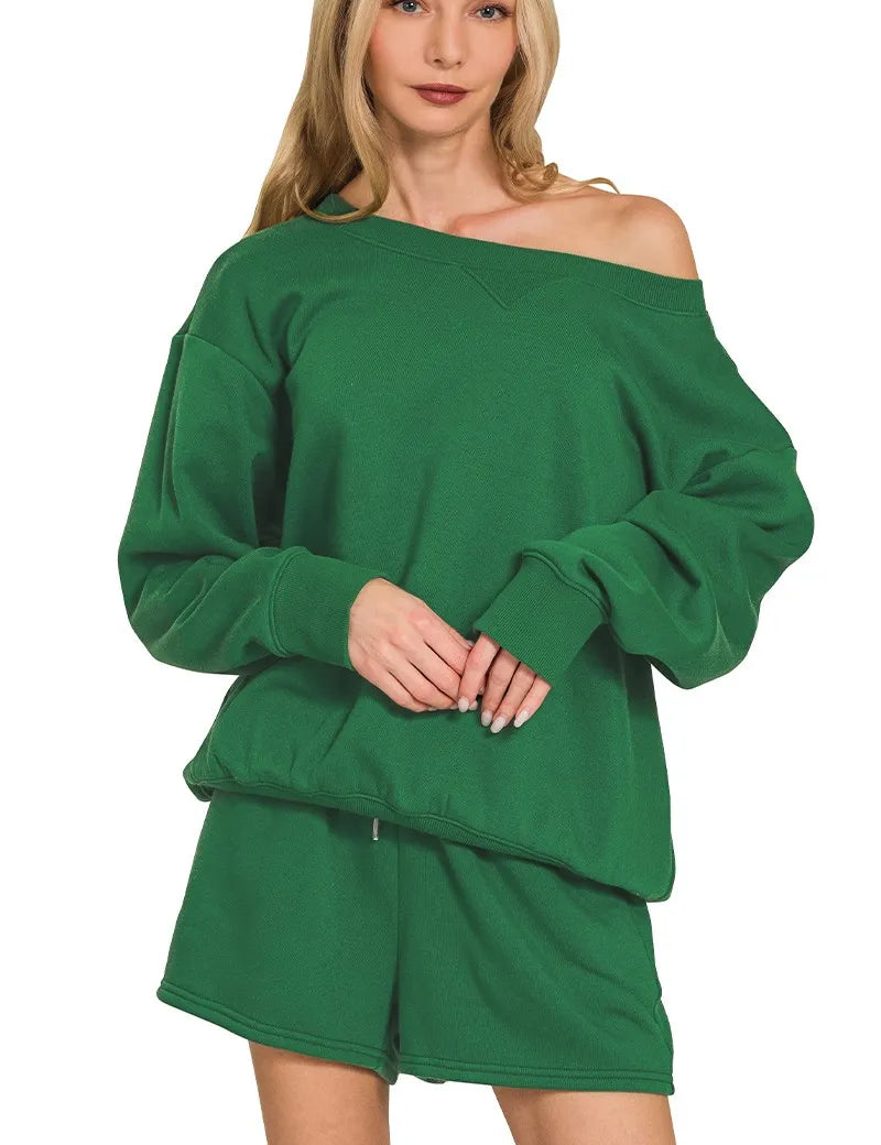 DK GREEN Zenana Fleece Boat Neck Sweatshirt and Shorts Set | Loungewear Sets Daverri Fashions