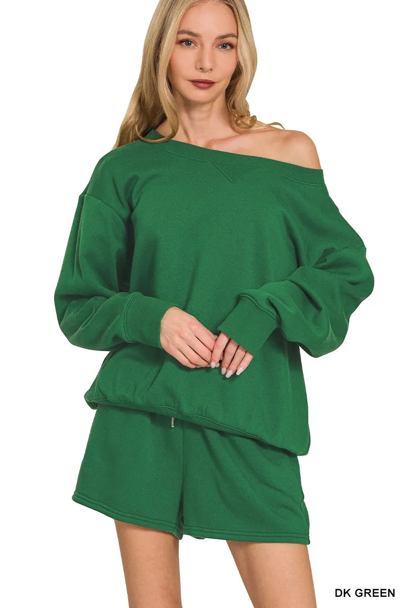 DK GREEN Zenana Fleece Boat Neck Sweatshirt and Shorts Set | Loungewear Sets Daverri Fashions