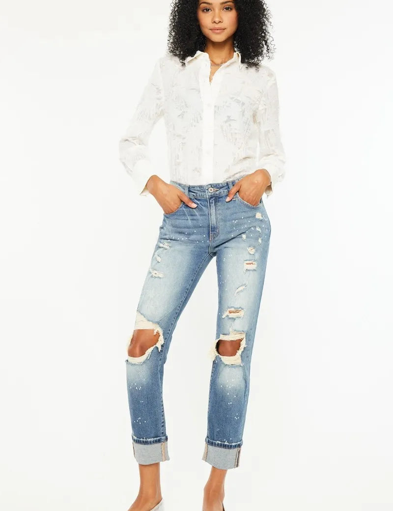 MEDIUM Kancan High Rise Distressed Boyfriend Fit Jeans | Jeans Daverri Fashions