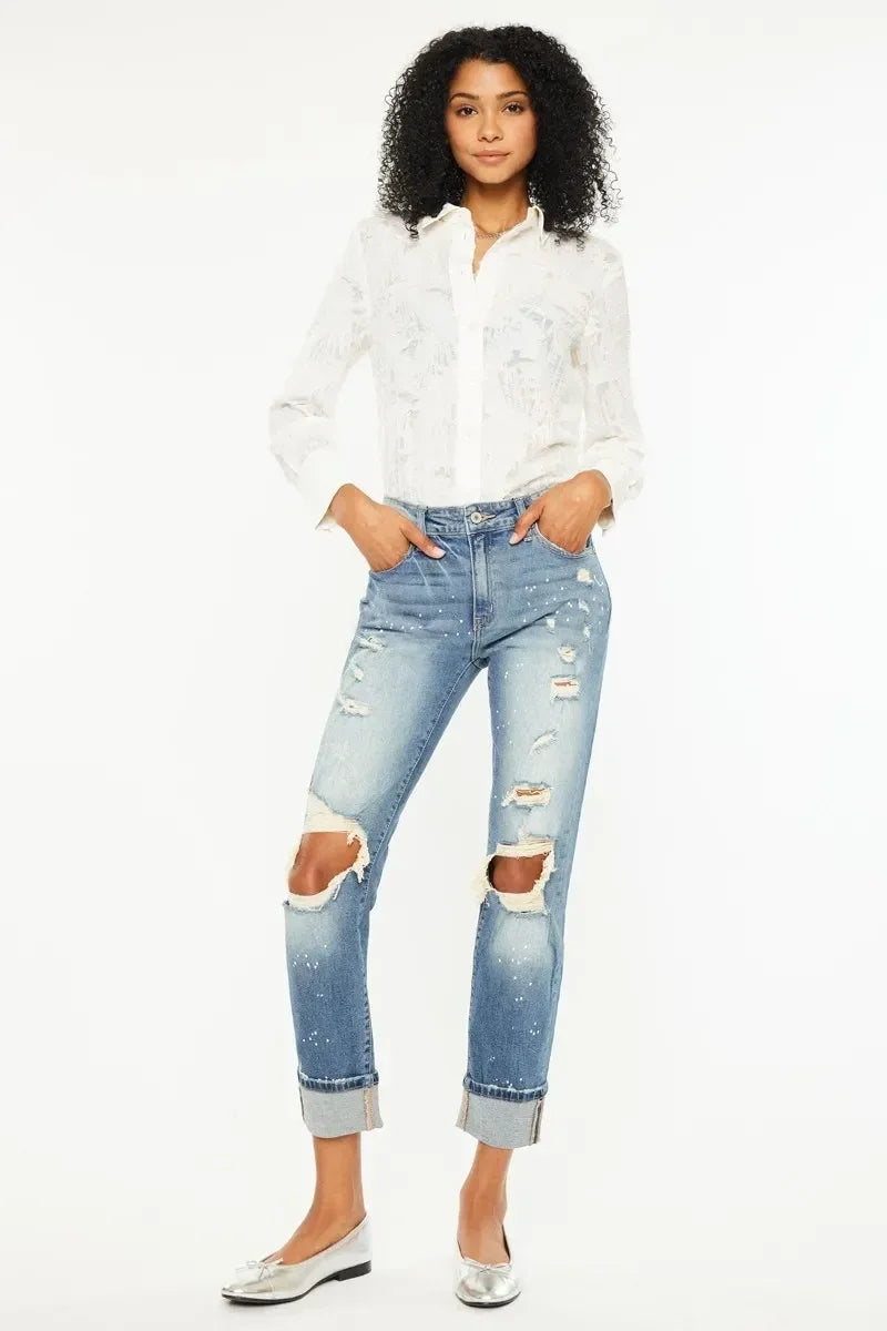Kancan High Rise Distressed Boyfriend Fit Jeans - DAVERRI FASHIONS