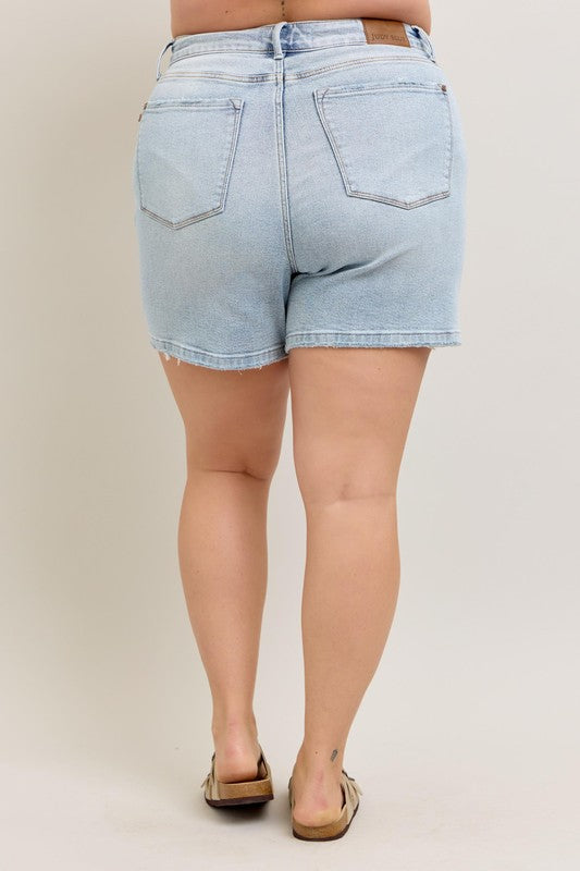 Judy Blue Full Size Frayed Hem High Rise Denim Shorts with Pockets Plus Size Denim Shorts