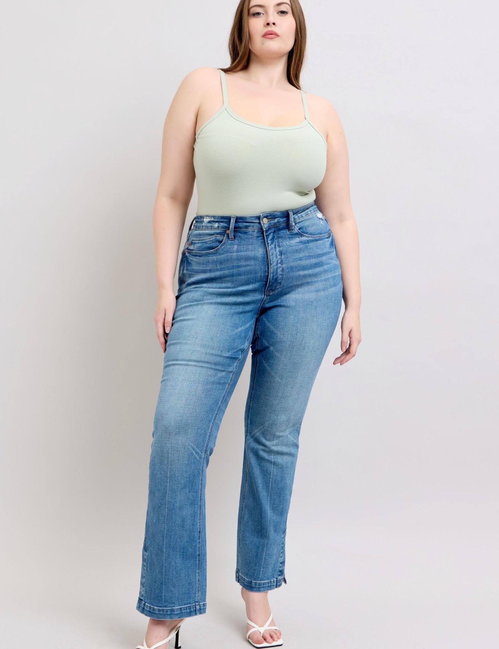 Tummy Control Vintage Wash Side Slit Slim Boot Jeans Plus Size | Jeans Daverri Fashions