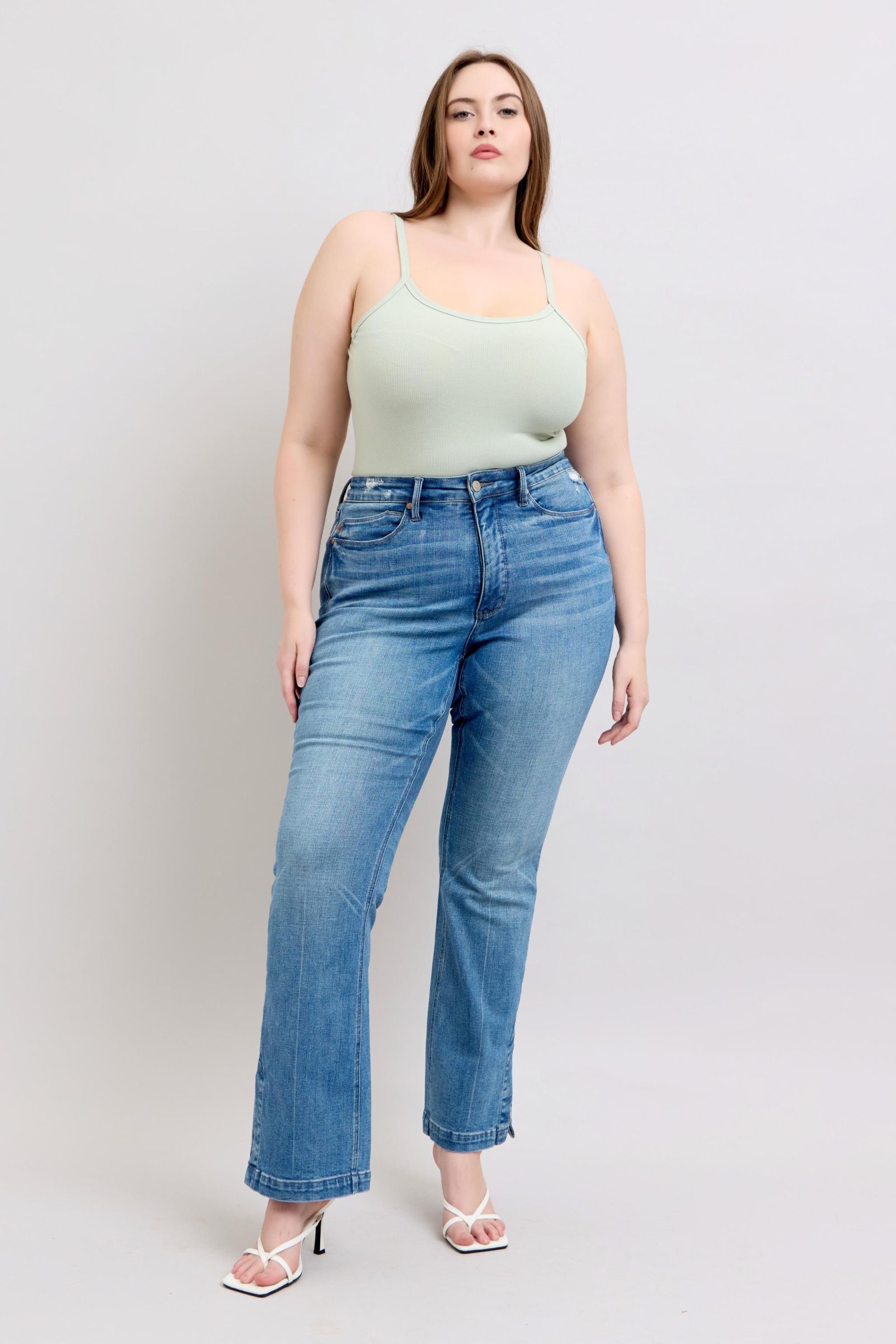 Tummy Control Vintage Wash Side Slit Slim Boot Jeans Plus Size Jeans