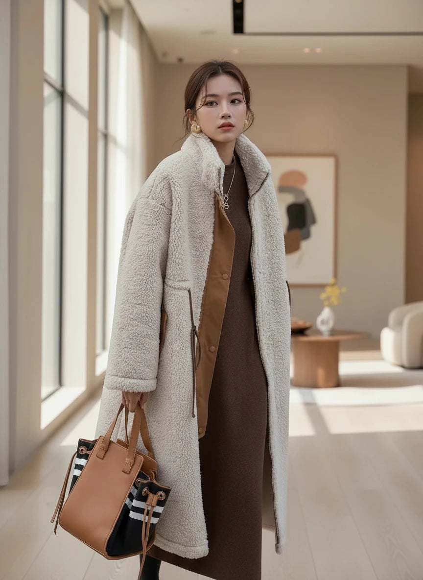 Plus size cream shearling drawstring zip-up turtleneck coat