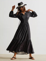 Black polka dot long sleeve maxi dress with ruffled hem