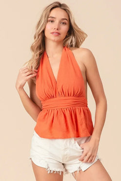 BiBi Back Open With Halter Neck Wrinkled Tank Top - DAVERRI FASHIONS