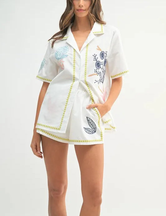 Lime S MABLE Embroidered Button Down Shirt and Shorts Set | Outfit Sets Daverri Fashions