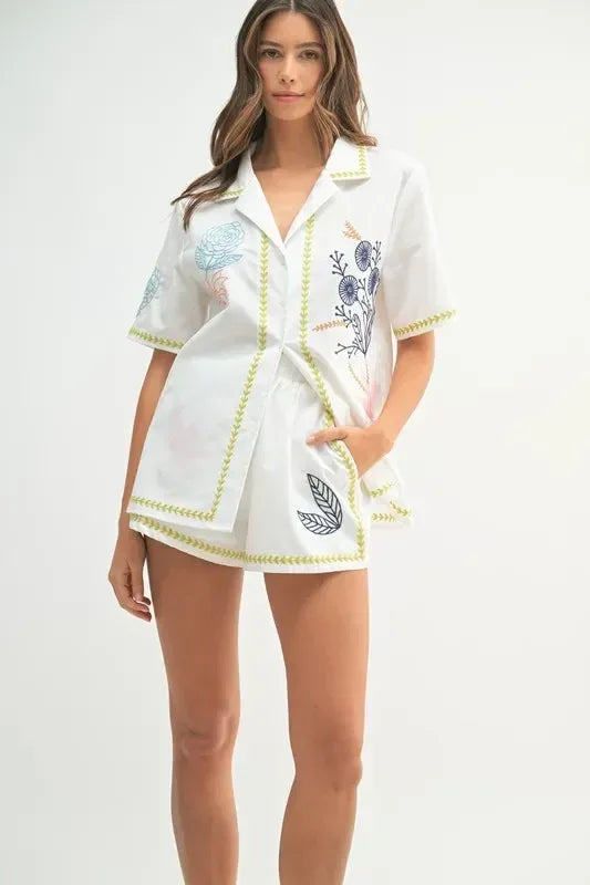MABLE Embroidered Button Down Shirt and Shorts Set - DAVERRI FASHIONS