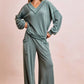 Cozy ribbed teal BiBi two-tone v-neck loungewear set with wide-leg pants