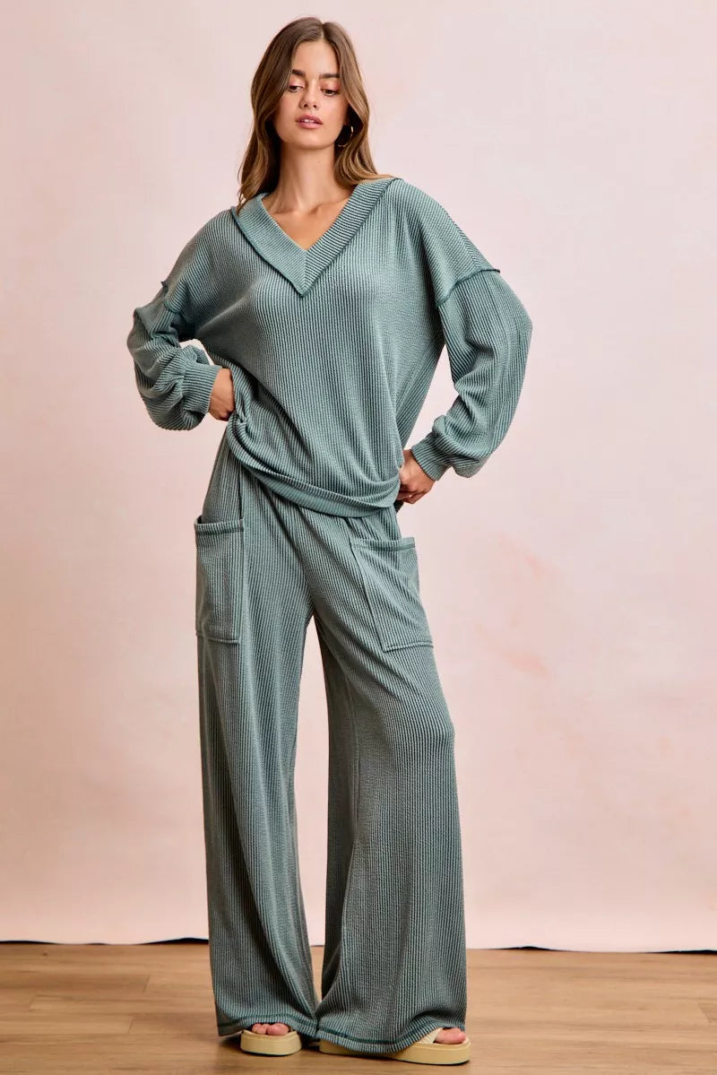 Cozy ribbed teal BiBi two-tone v-neck loungewear set with wide-leg pants
