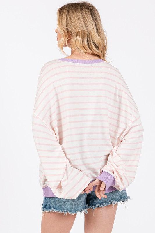 Ces Femme Striped Round Neck Drop Shoulder Sweatshirt Sweatshirts