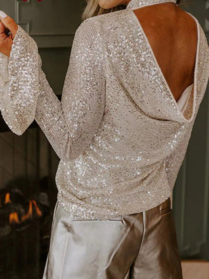 Sequin Mock Neck Bell Sleeve Top | Blouses Daverri Fashions