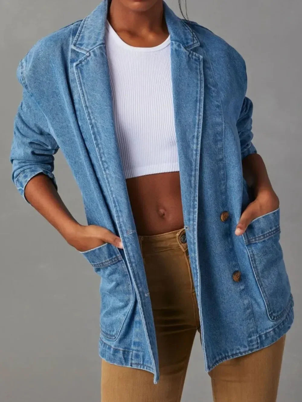 Pocketed Lapel Collar Long Sleeve Denim Jacket - DAVERRI FASHIONS