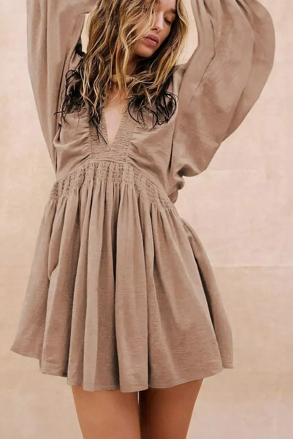 Smocked V-Neck Balloon Sleeve Dress - DAVERRI FASHIONS