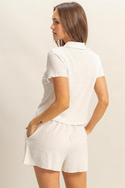 HYFVE Textured Short Sleeve Top and Drawstring Shorts Knit Set | Outfit Sets Daverri Fashions