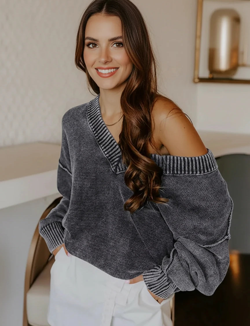 Off-the-shoulder washed cotton V-neck long sleeve gray sweater