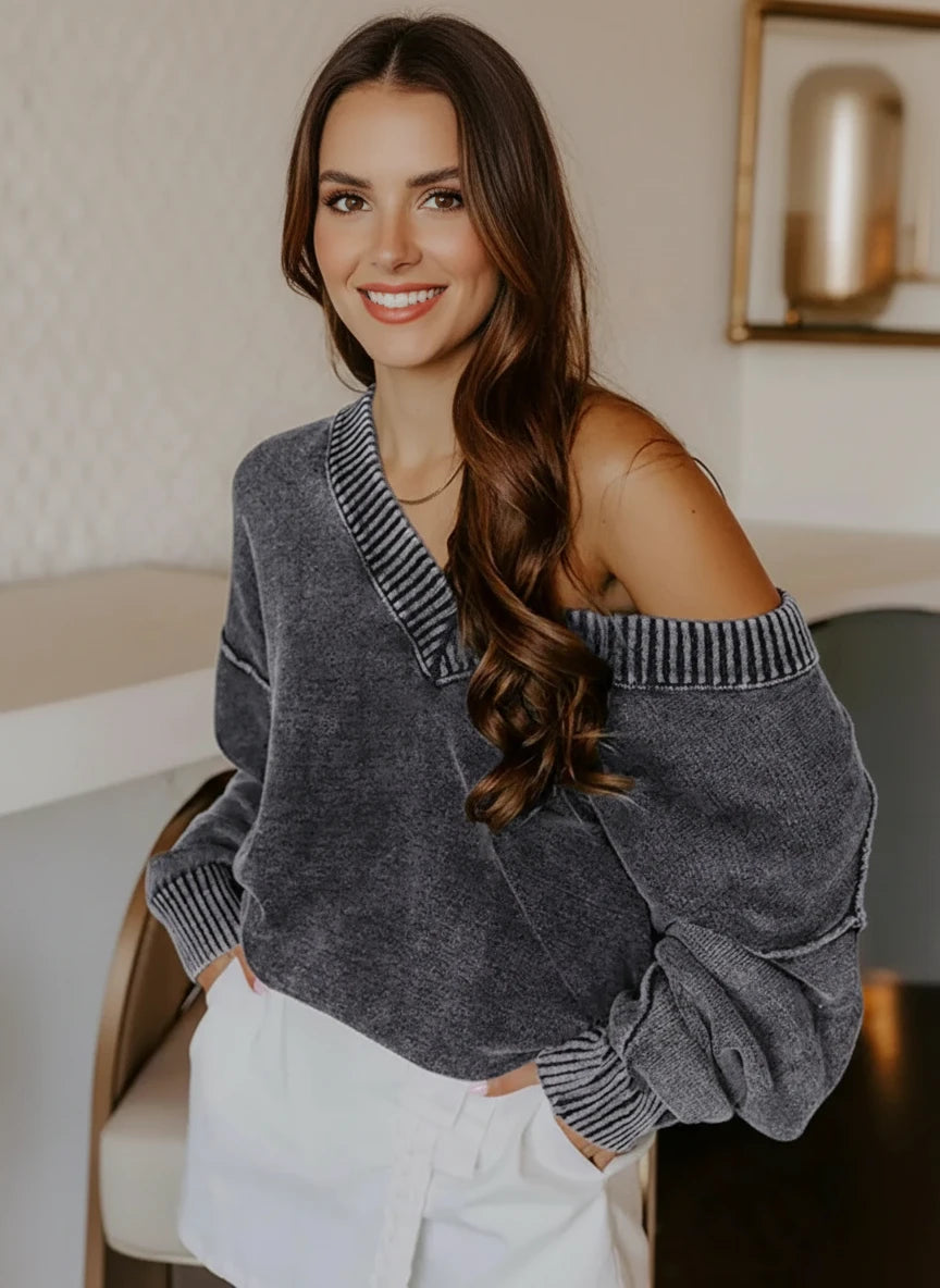 Off-the-shoulder washed cotton V-neck long sleeve gray sweater