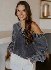 Off-the-shoulder washed cotton V-neck long sleeve gray sweater