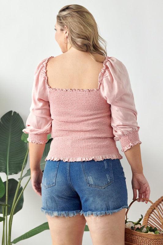 GeeGee Full Size Ruffled Smocked Frill Square Neck Top Plus Size Tops