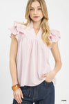Umgee ruffled sleeve textured blouse in pink stripes with gathered bodice