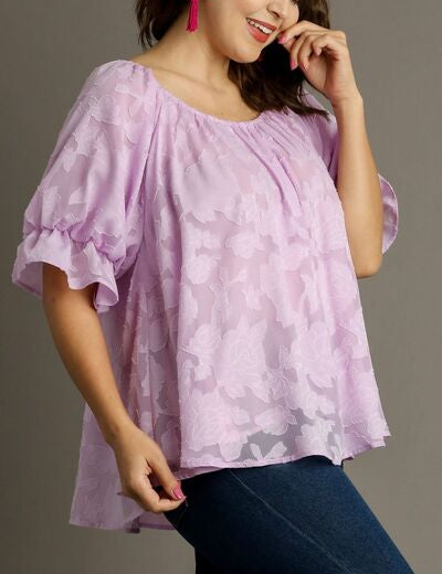 Umgee Full Size Jacquard Round Neck Ruffled Puff Sleeve Blouse Plus Size Tops