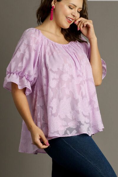 Umgee Full Size Jacquard Round Neck Ruffled Puff Sleeve Blouse Plus Size Tops