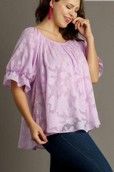 Umgee Full Size Jacquard Round Neck Ruffled Puff Sleeve Blouse Plus Size Blouses