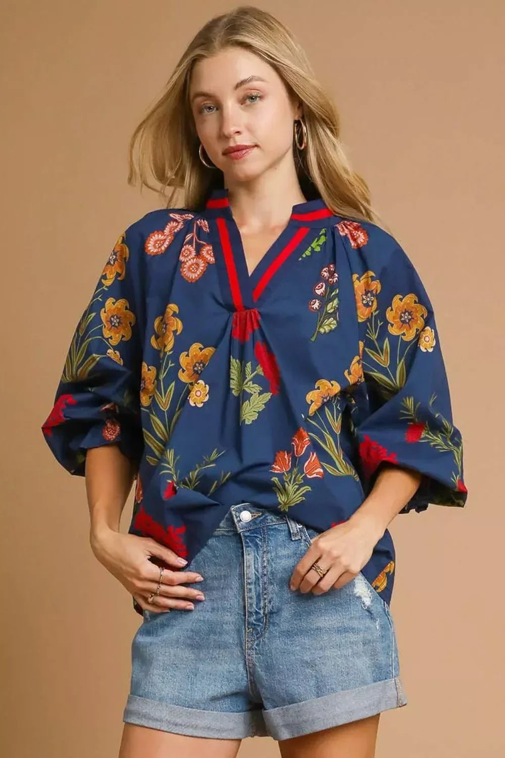 Umgee Floral Print Flounce Sleeve Blouse - DAVERRI FASHIONS