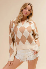BiBi Diamond Pattern Collared Notch Neck Sweater | Sweaters Daverri Fashions