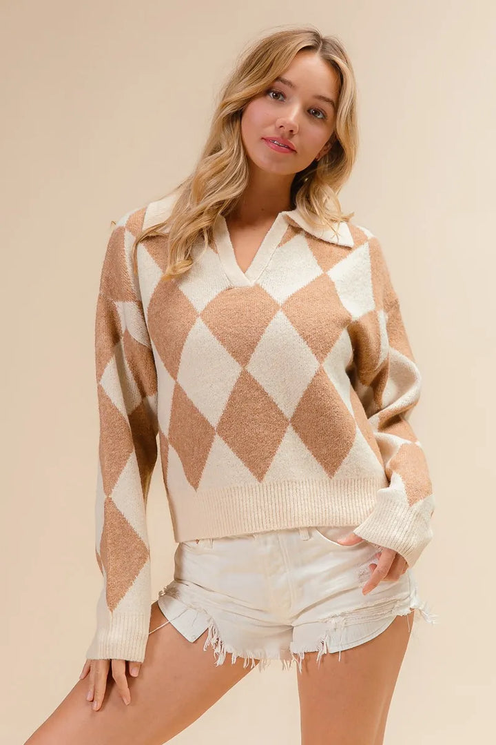 BiBi Diamond Pattern Collared Notch Neck Sweater Sweaters