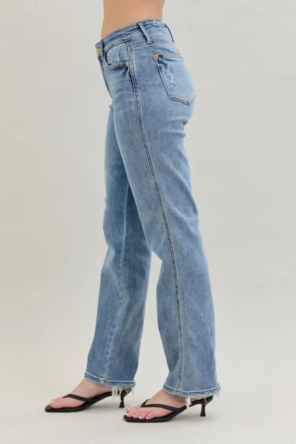 Judy Blue Frayed Hem Cell Phone Pocket Dad Jeans - DAVERRI FASHIONS
